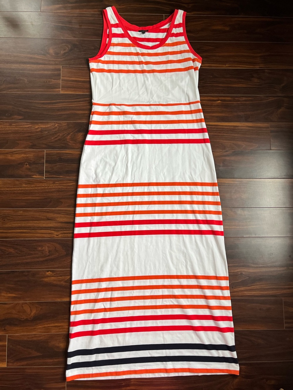 Talbots White Maxi Dress with Orange, Red, & Navy Stripes, M, NWT